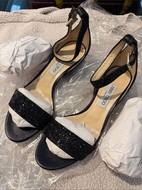 Jimmy Choo Black Glitter Open-Toe Ankle-Strap Heels